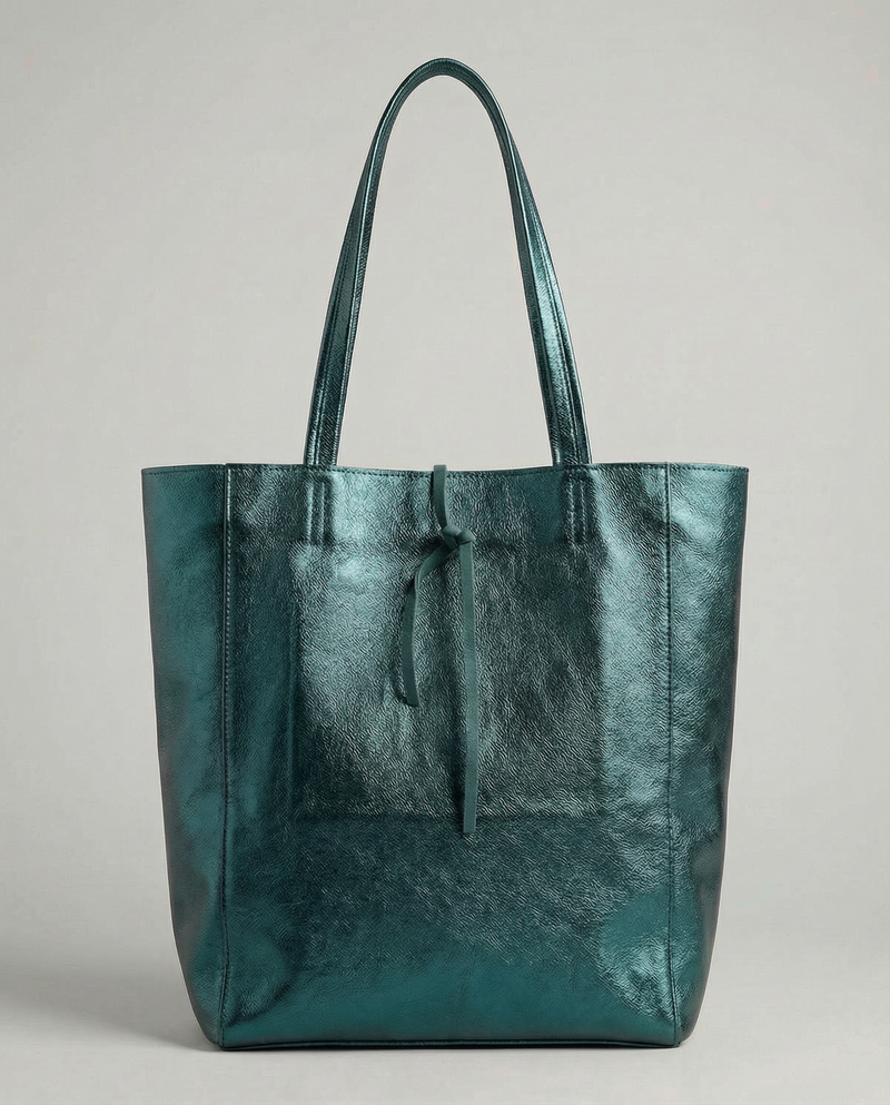 Teal metallic leather tote bag available in Tote Bag and Mini Tote sizes.