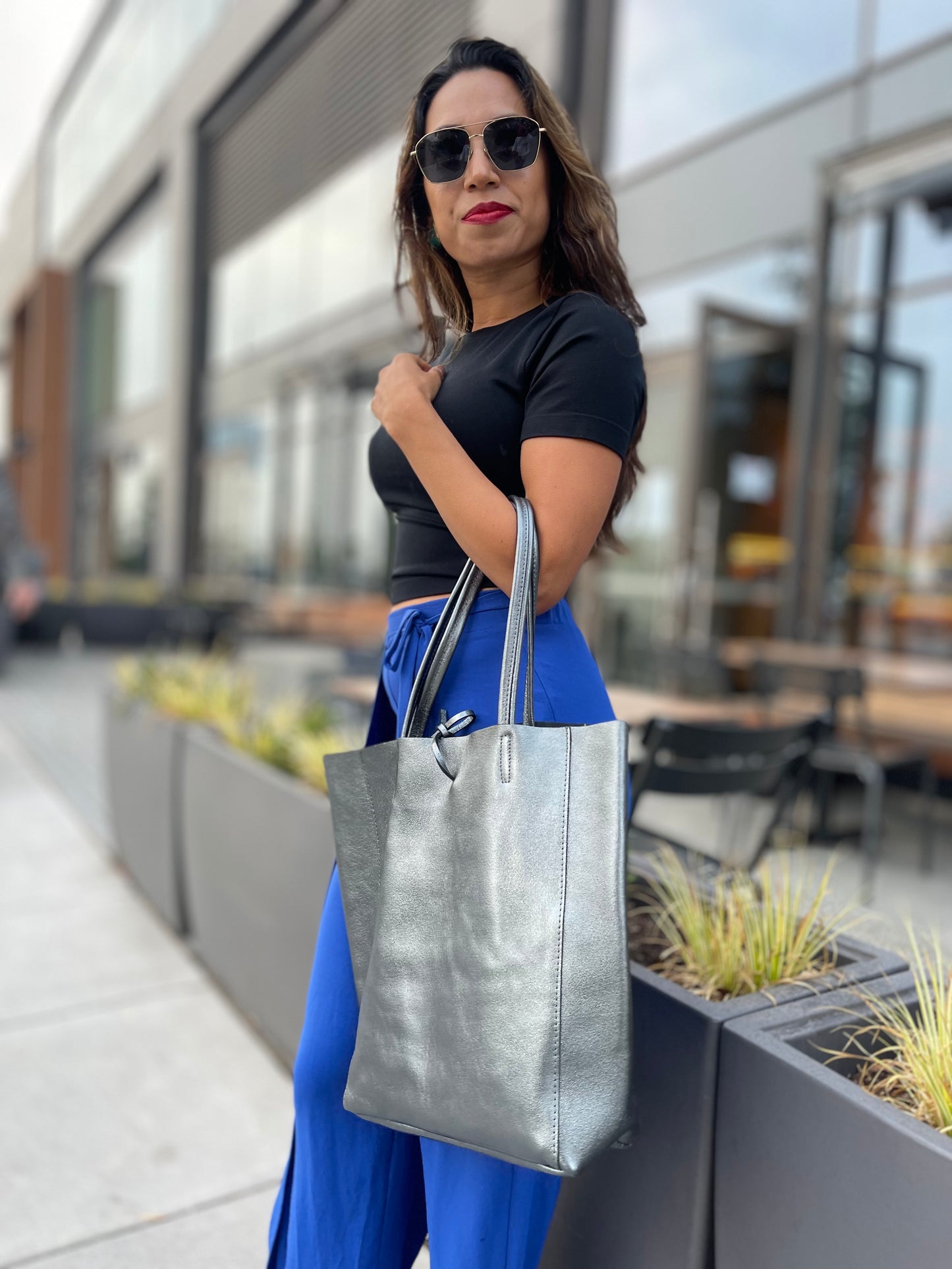 Tote Bag - Metalic Leather - Pewter.