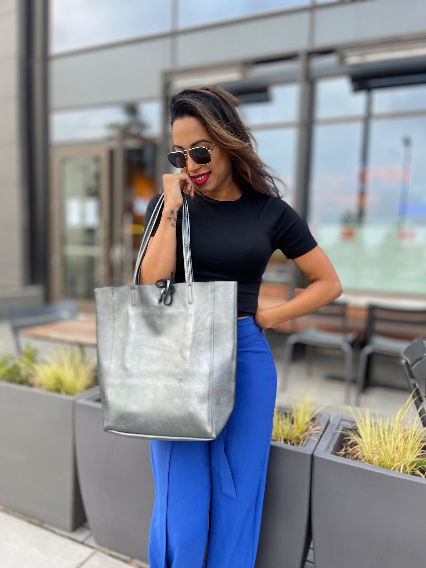 Tote Bag - Metalic Leather - Pewter.