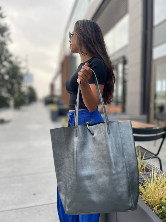 Tote Bag - Metalic Leather - Pewter.