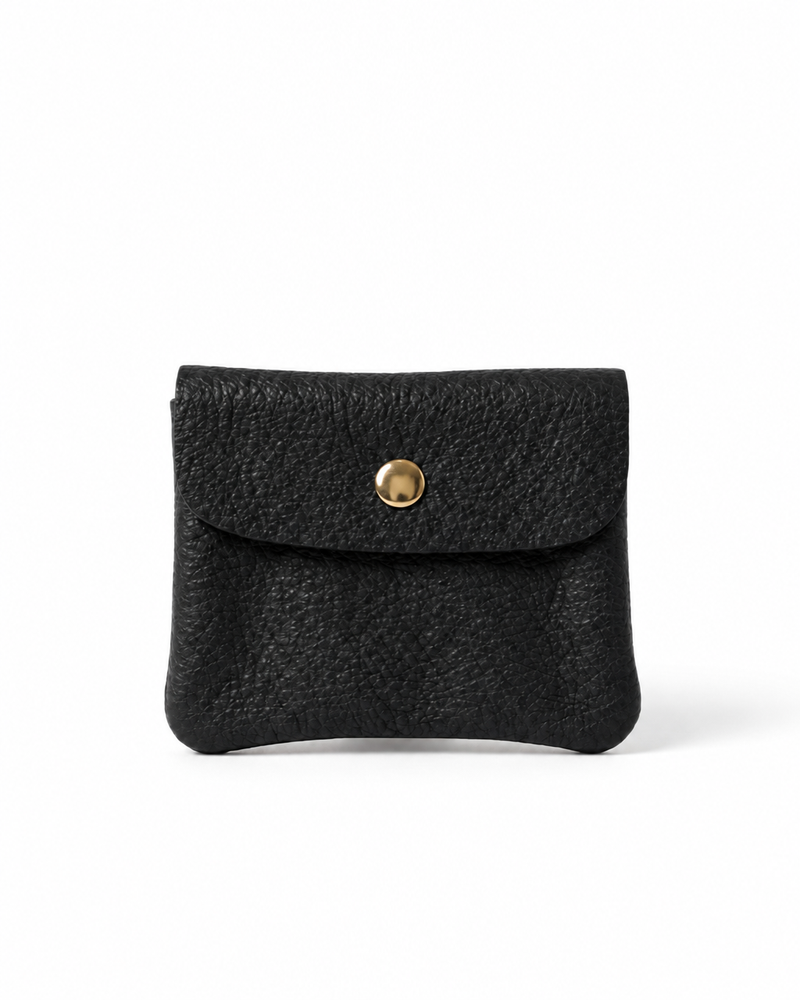 Black pebble leather wallet collection featuring Mini Coin Wallet, Coin Wallet, and Cellphone Wallet in genuine leather, made in Italy.