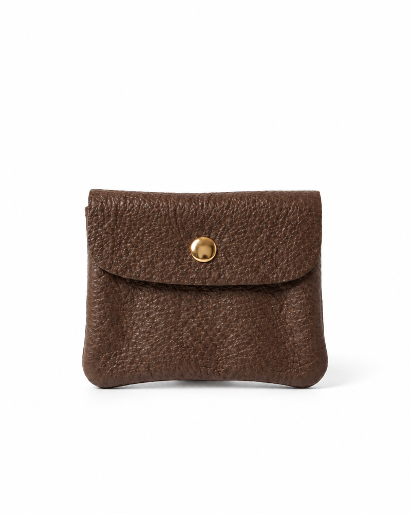 Chocolate pebble leather wallet collection featuring Mini Coin Wallet, Coin Wallet, and Cellphone Wallet in genuine leather, made in Italy.