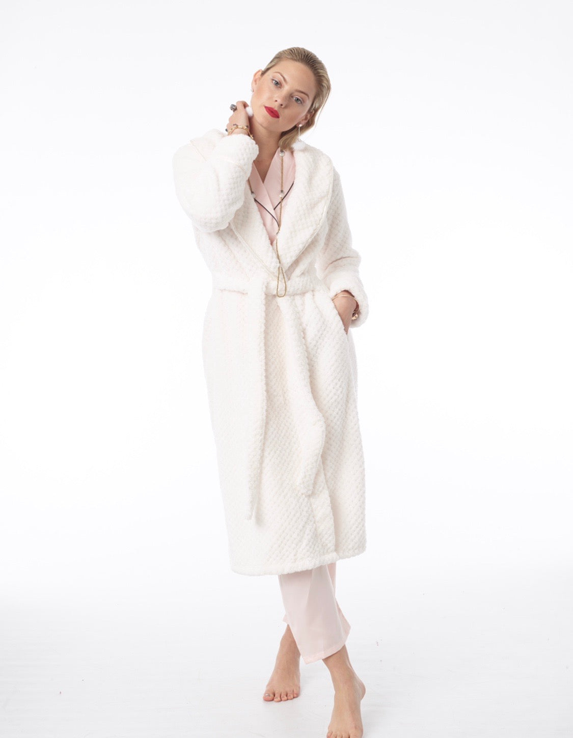 White background Woman wearing Ivory Kristine Robe