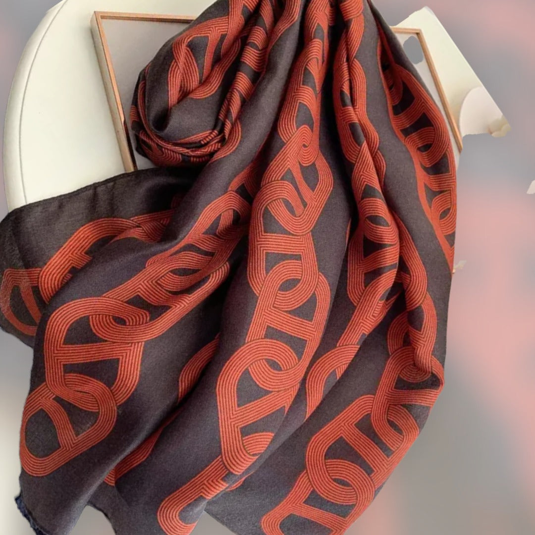 Close shot Dark Colored and Red Chain Pattern Annabelle Scarf
