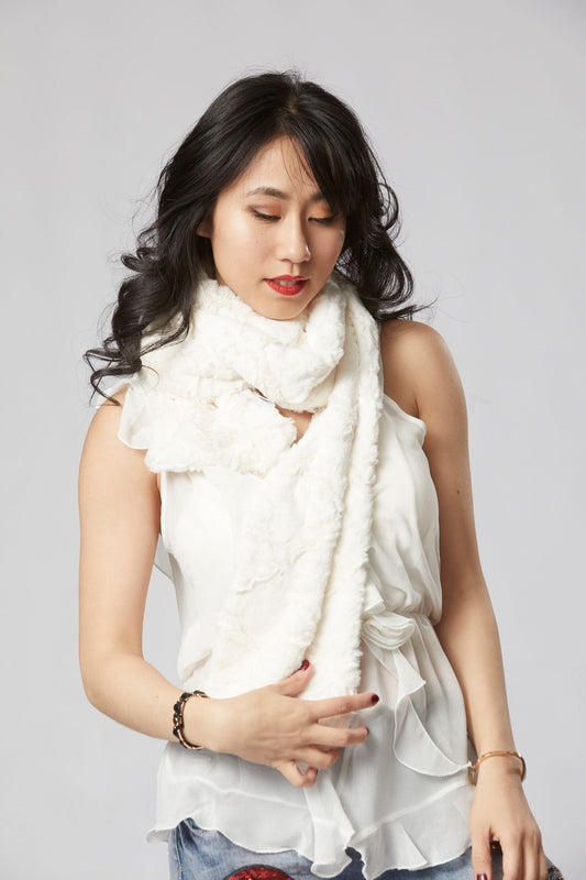 Woman with Lux Cuddle Scarf in Ivory posing