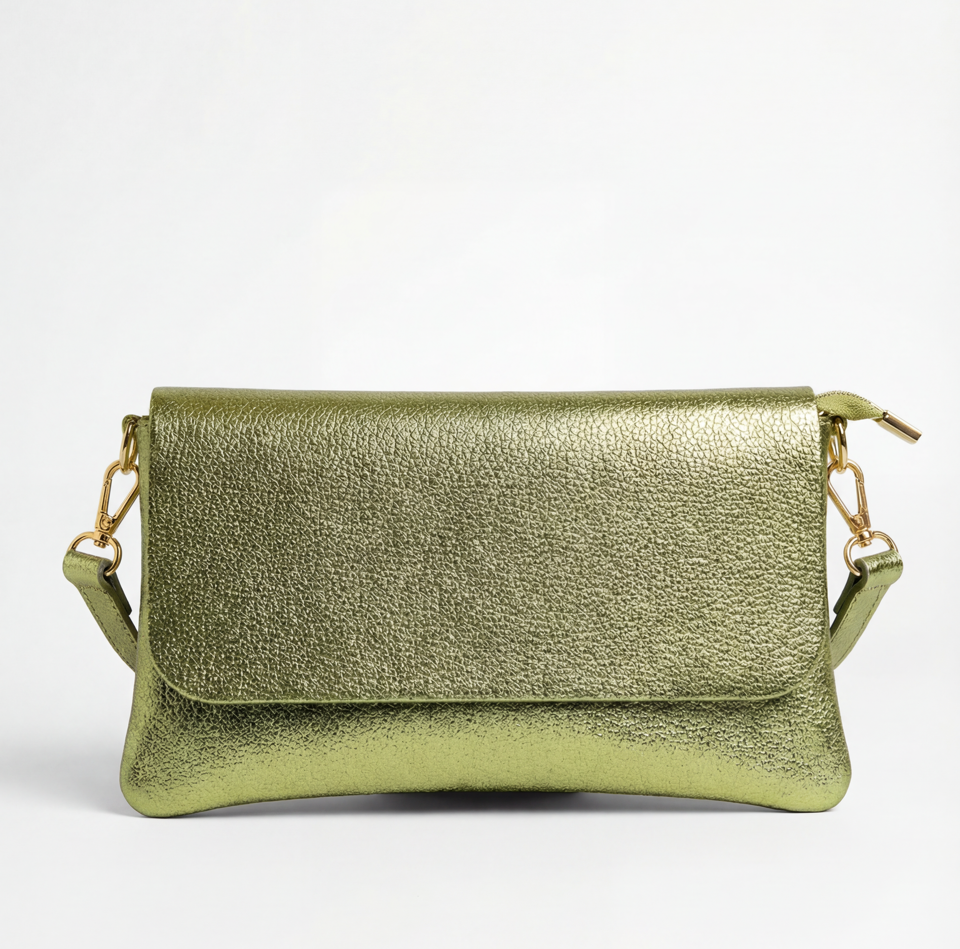 Pistachio metallic leather crossbody bag with a matching color leather strap, displayed on a light gray background.