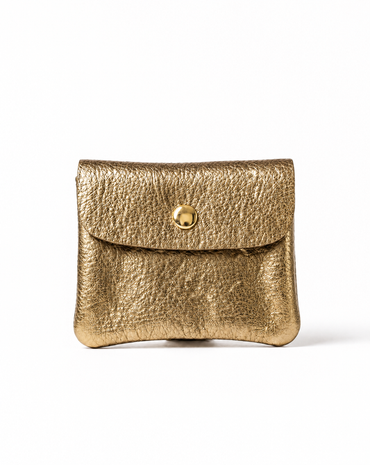 Antique gold metallic leather wallet available in mini coin wallet, coin wallet, and cellphone wallet sizes.