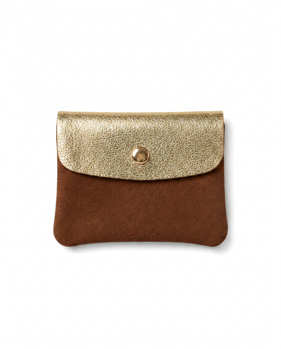Mini Coin Suede Wallet in Antique Gold Two-Tone with premium leather, soft suede, and a secure snap-button closure.