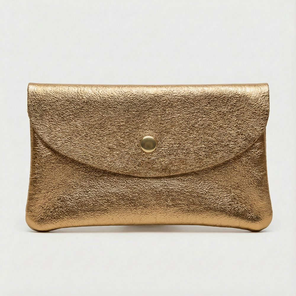 Antique gold metallic leather wallet available in mini coin wallet, coin wallet, and cellphone wallet sizes.