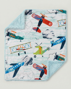 Baby blanket with airplane pattern on a light blue background, view 2