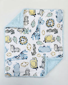 Baby blanket with animal pattern on a light gray background, view 2