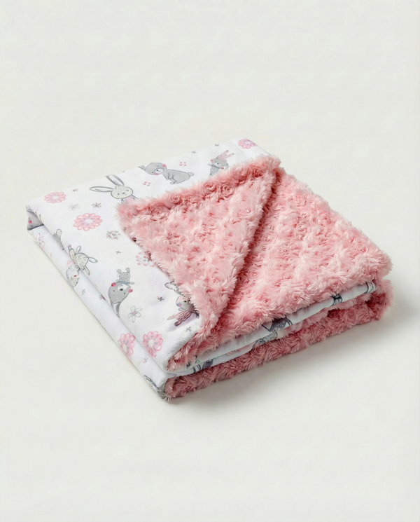 Folded pink blanket with floral and animal pattern on a light background