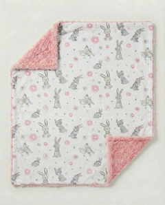 Baby blanket with bunny and flower pattern on a white background, view 2
