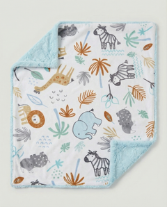 Baby blanket with animal and leaf pattern on a white background, view 2