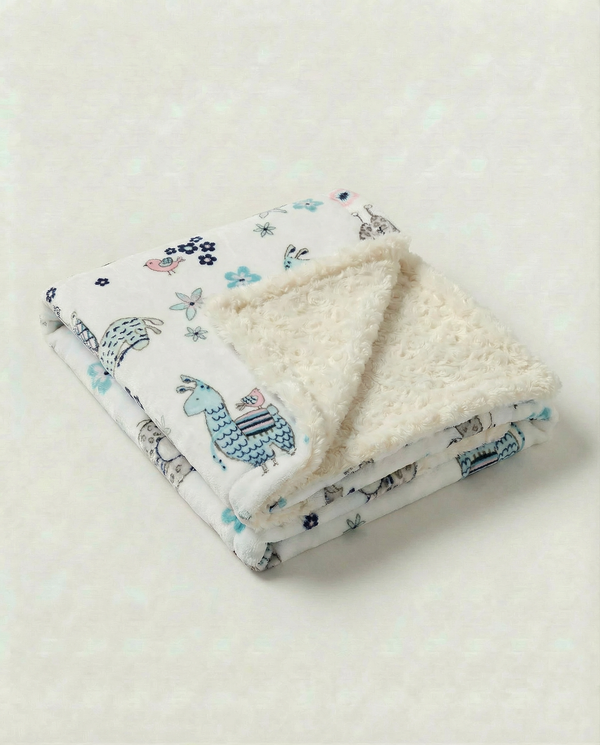 Soft baby blanket with cute llama print and plush ivory rosebud embossed backing for cozy newborn snuggles.