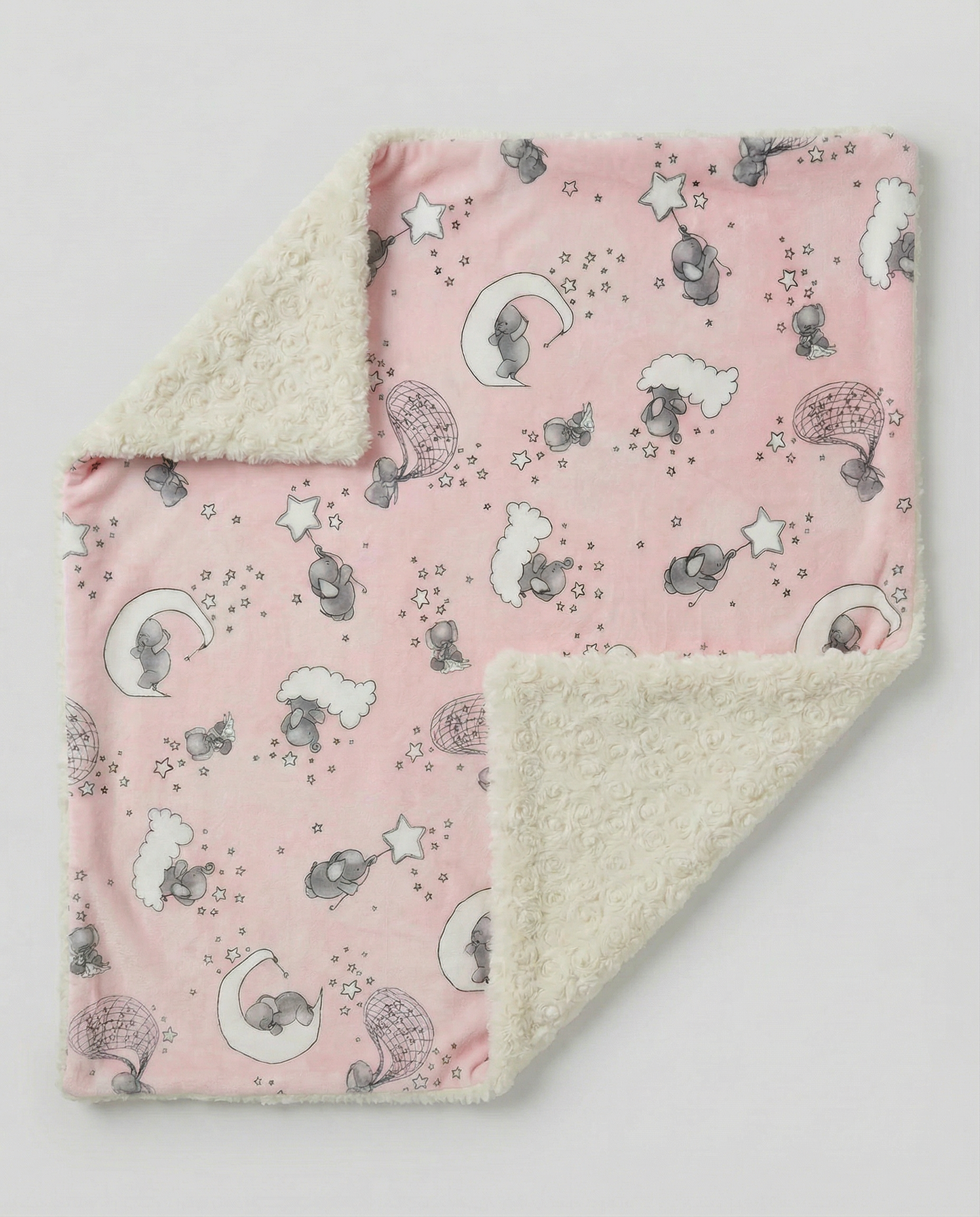 Pink baby blanket with animal pattern and white rosebud on a light gray background