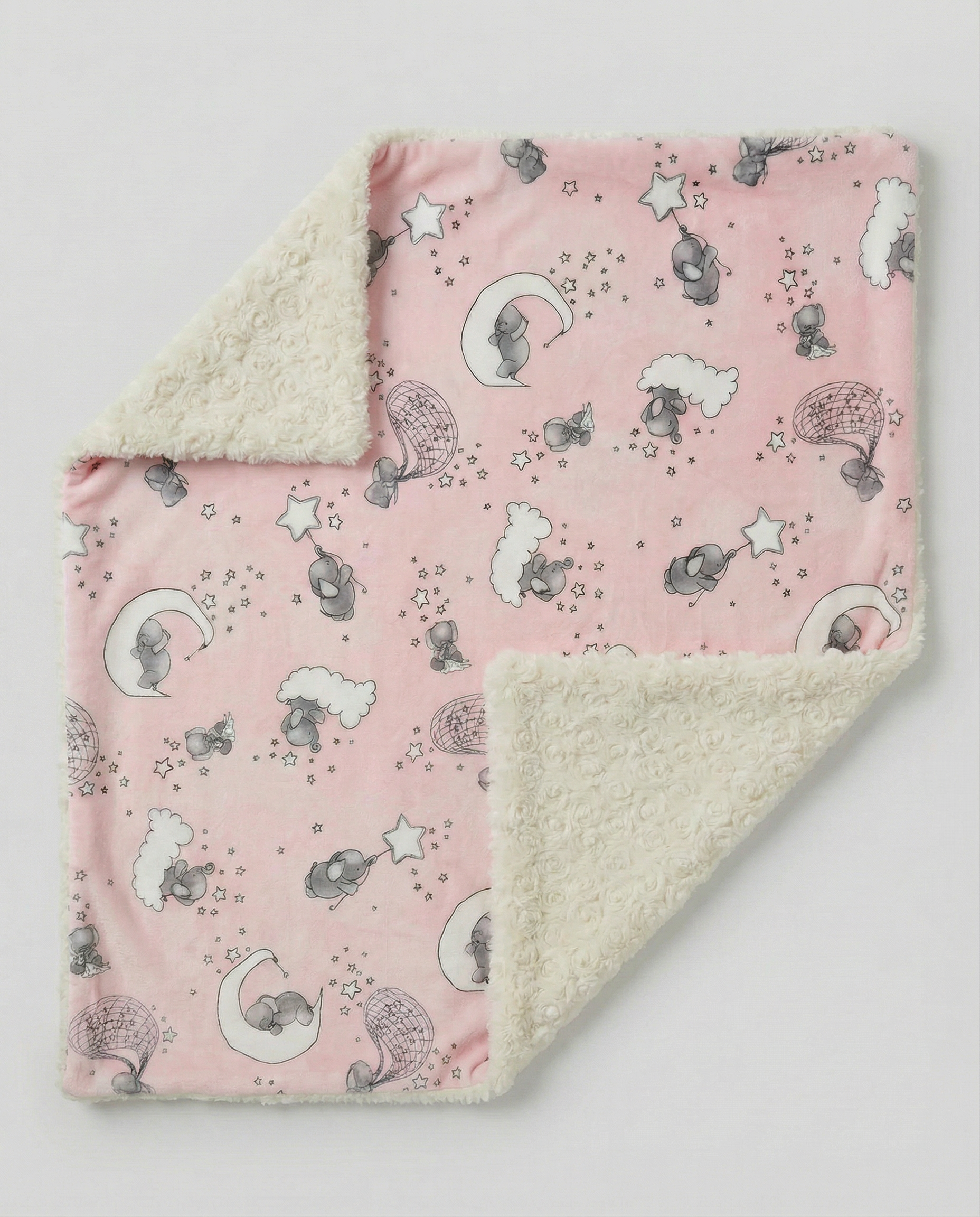Pink baby blanket with animal pattern and white rosebud on a light gray background