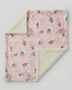 Pink baby blanket with animal pattern and white rosebud on a light gray background, view 2