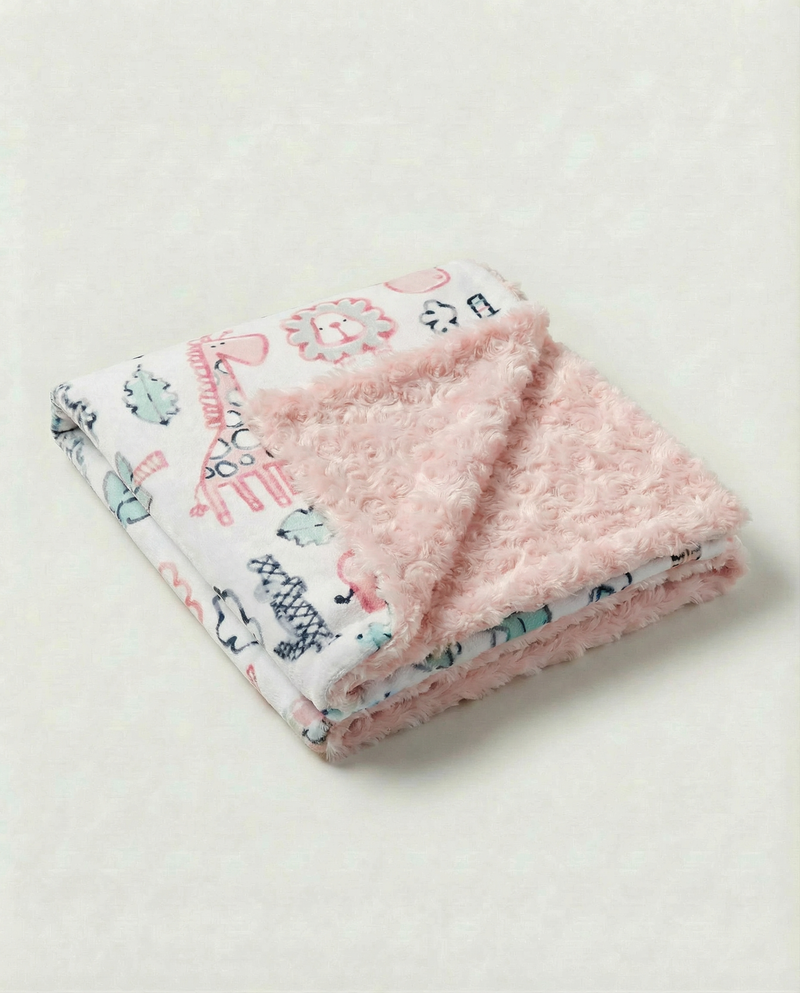 Pink baby blanket with giraffe, elephant, lion, zebra, and hippopotamus print with clouds and leaves for cozy newborn snuggles.