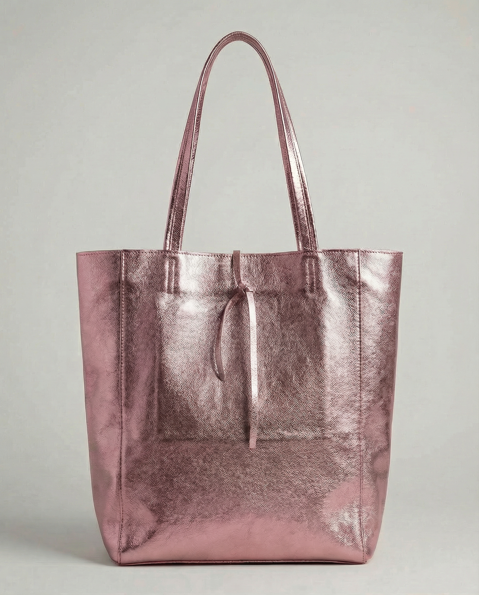 Barbie pink metallic leather tote bag available in Tote Bag and Mini Tote sizes. 
