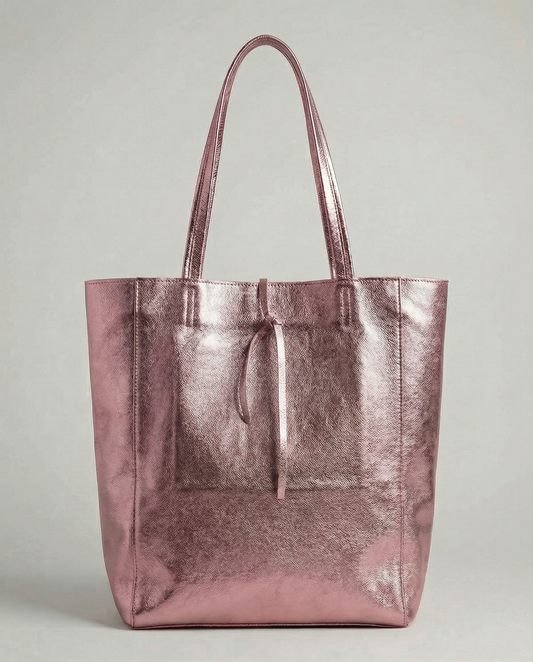 Barbie pink metallic leather tote bag available in Tote Bag and Mini Tote sizes. 
