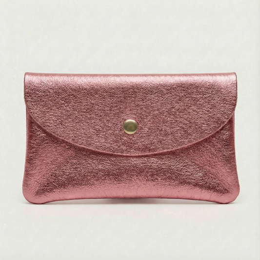 Barbie Pink metallic leather cellphone   wallet with a gold button on a light gray background