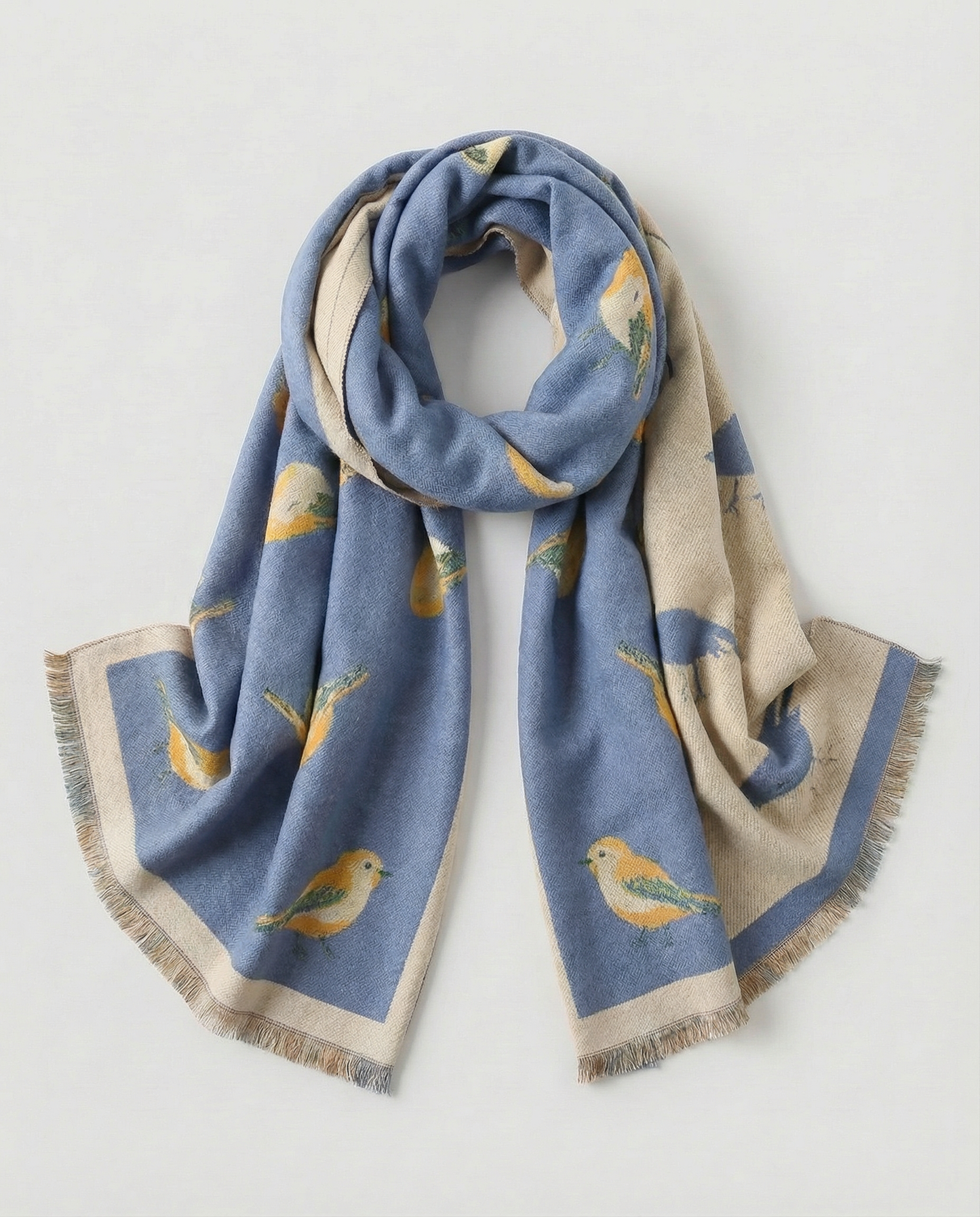 Blue wrap with bird pattern on a light gray background