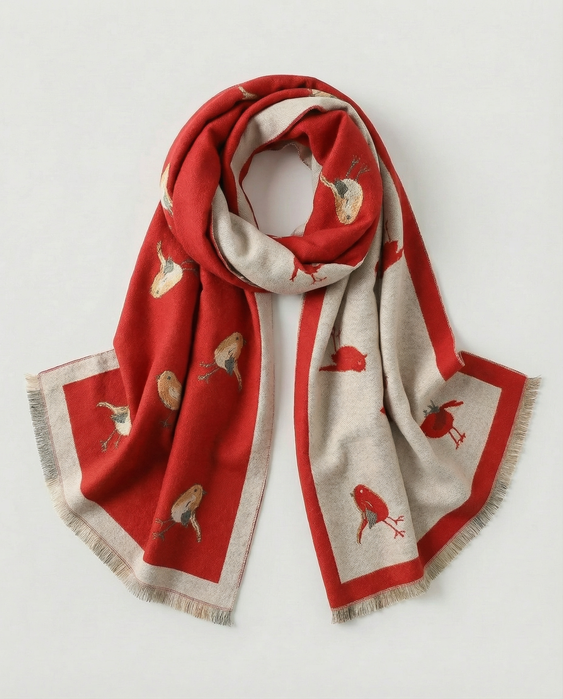 Red and beige wrap with bird patterns on a light gray background