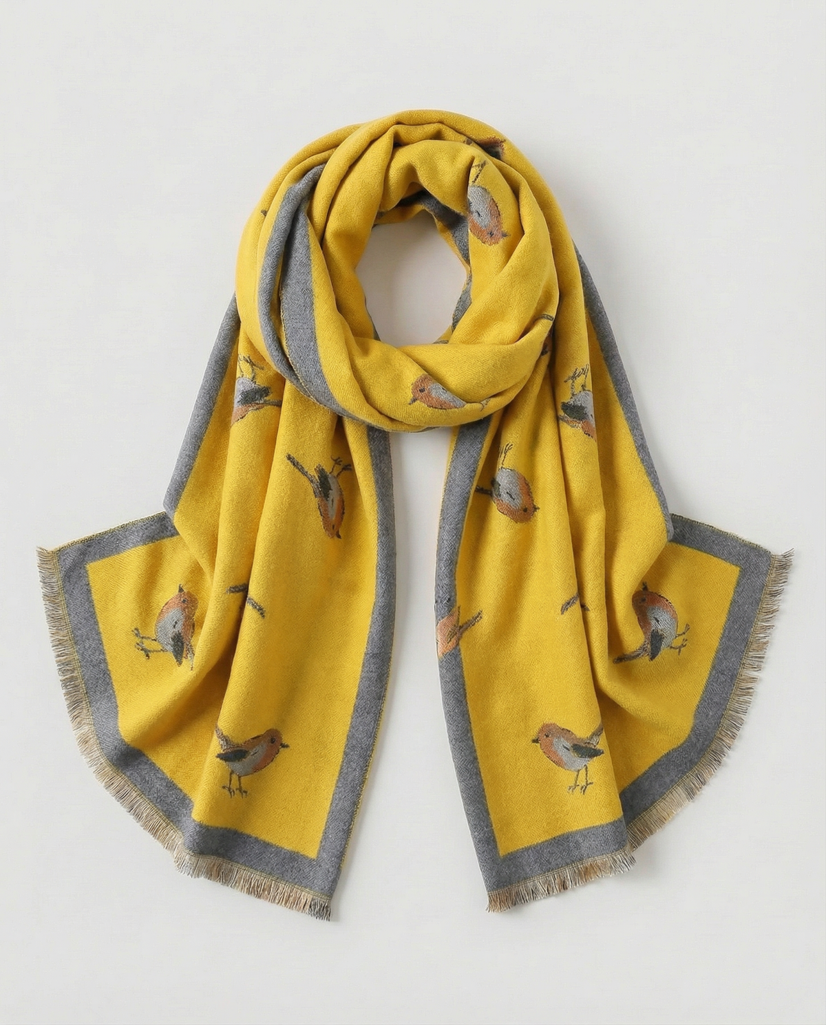 Yellow wrap with bird pattern on a white background