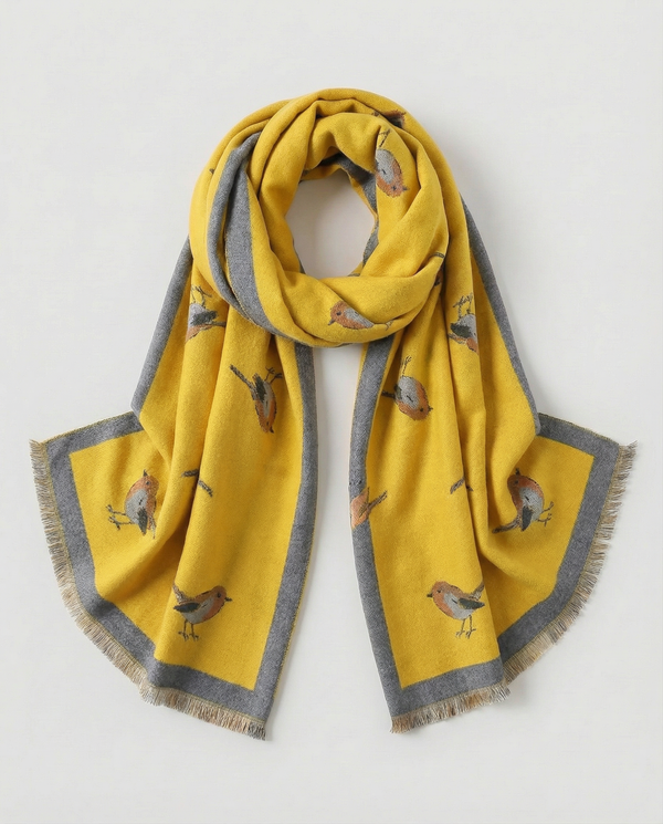 Yellow wrap with bird pattern on a white background