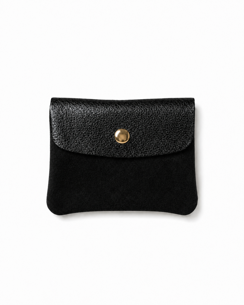 Mini Coin Suede Wallet in Black Two-Tone with premium leather, soft suede, and a secure snap-button closure.