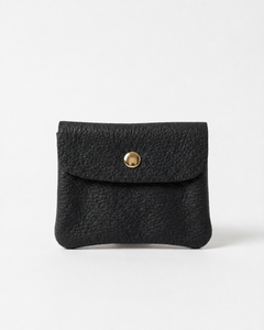 Black pebble leather mini coin wallet with snap closure, compact Italian-made design for coins and small essentials, view 1