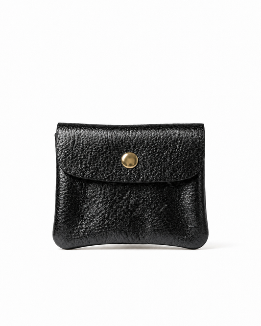 Black metallic leather wallet available in mini coin wallet, coin wallet, and cellphone wallet sizes.