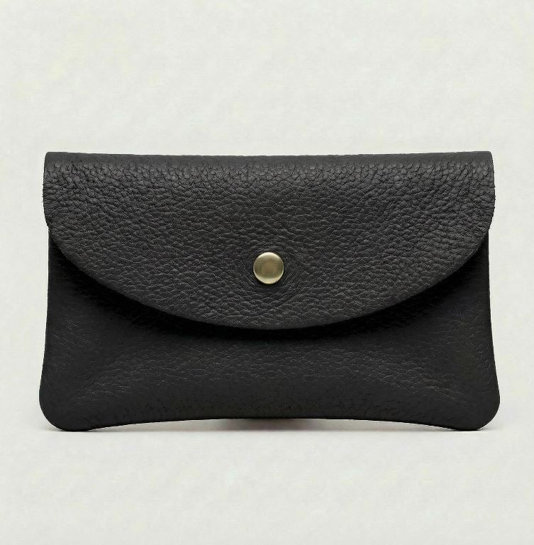 Black color leather cellphone wallet with a gold button on a white background