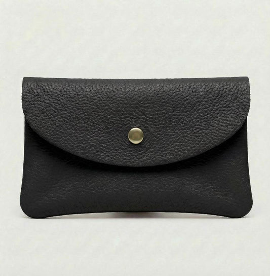 Black color leather cellphone wallet with a gold button on a white background