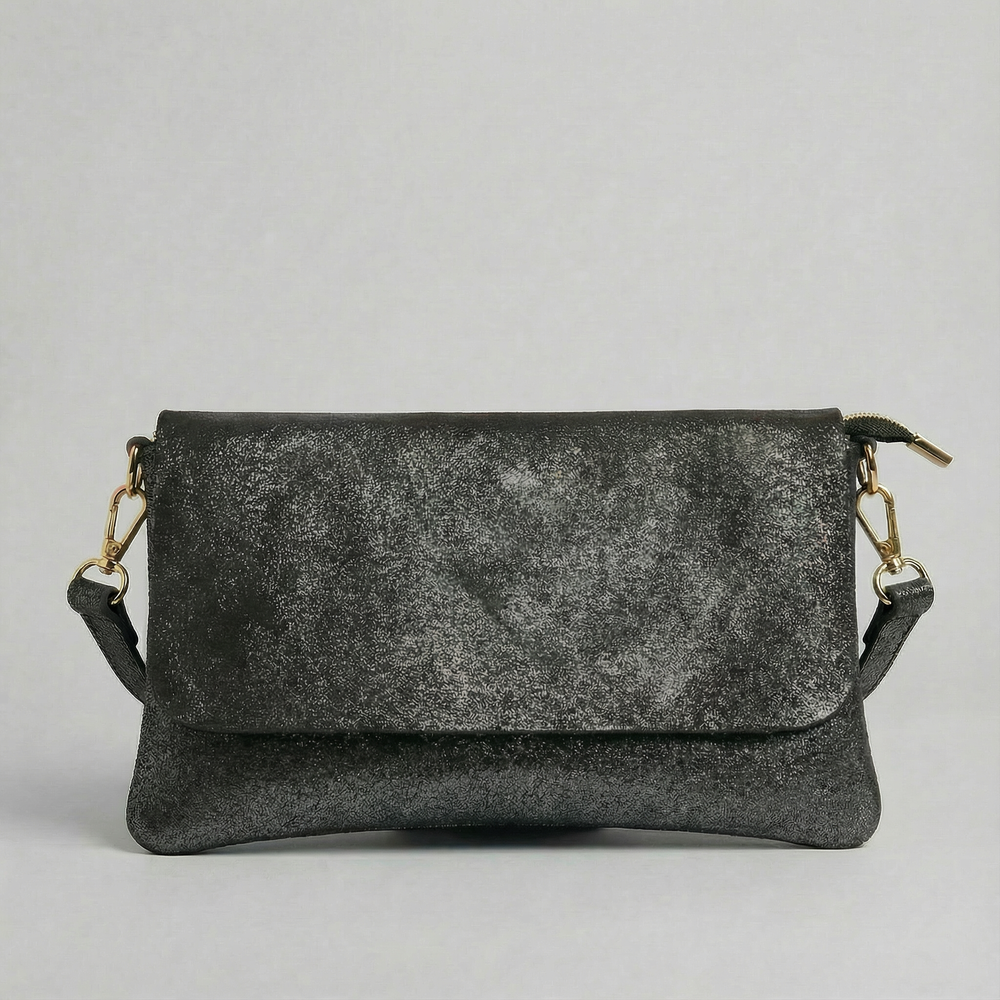 Black metallic leather crossbody bag with a matching color leather strap, displayed on a light gray background.