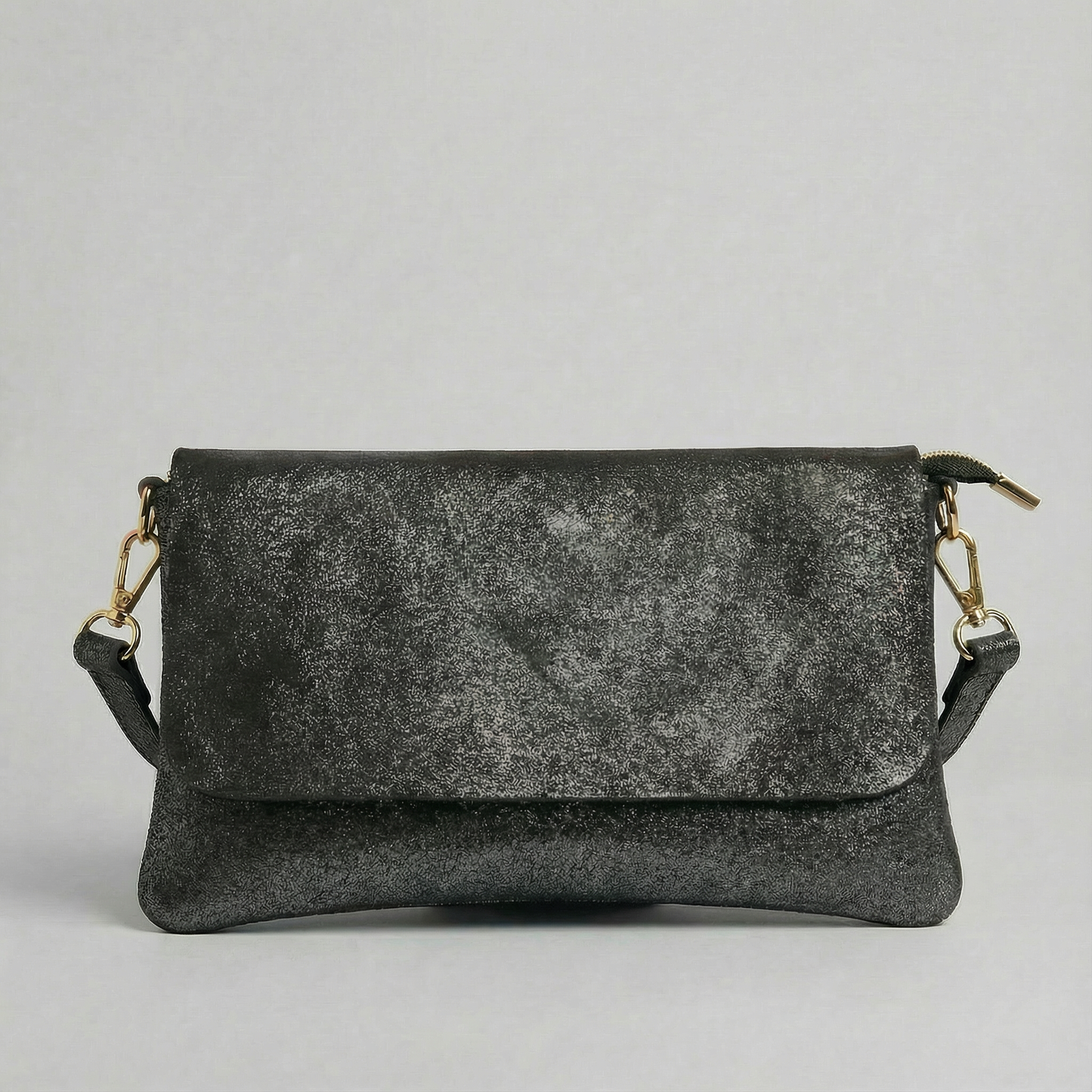 Black metallic leather crossbody bag with a matching color leather strap, displayed on a light gray background.