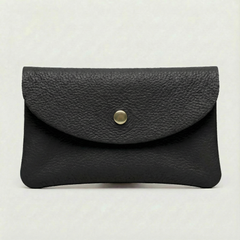 Black pebble leather coin wallet with snap closure, minimalist Italian design, compact and elegant everyday accessory., view 2