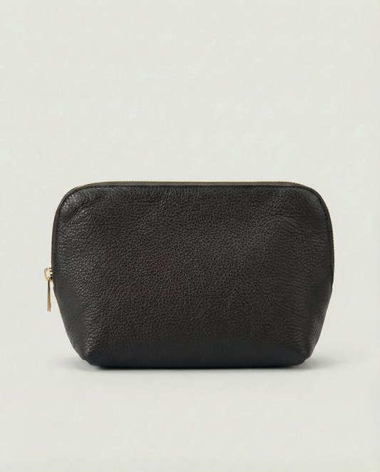 Pebble leather cosmetic bag with zip closure, available in black, structured silhouette for everyday essentials.