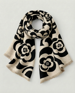 Black and white floral patterned wrap on a light gray background, view 1