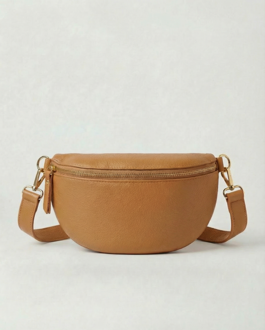 Camel pebble leather fanny bag with adjustable strap and compact, hands‑free design.