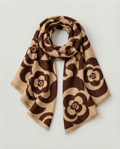 Brown and beige floral patterned wrap on a light gray background, view 1