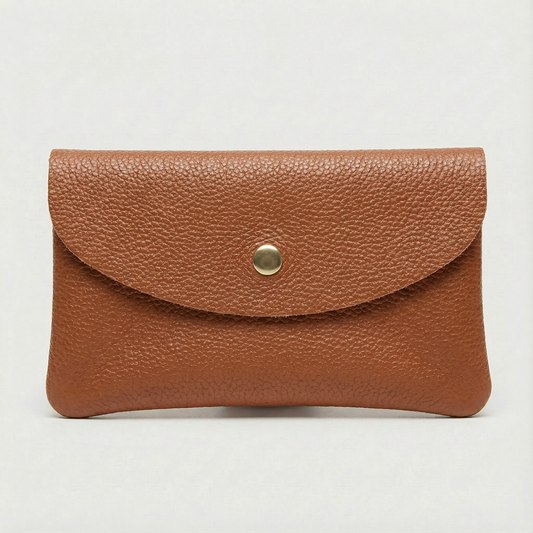 Caramel pebble leather mini coin wallet with snap closure, compact Italian‑made design for coins and small essentials
