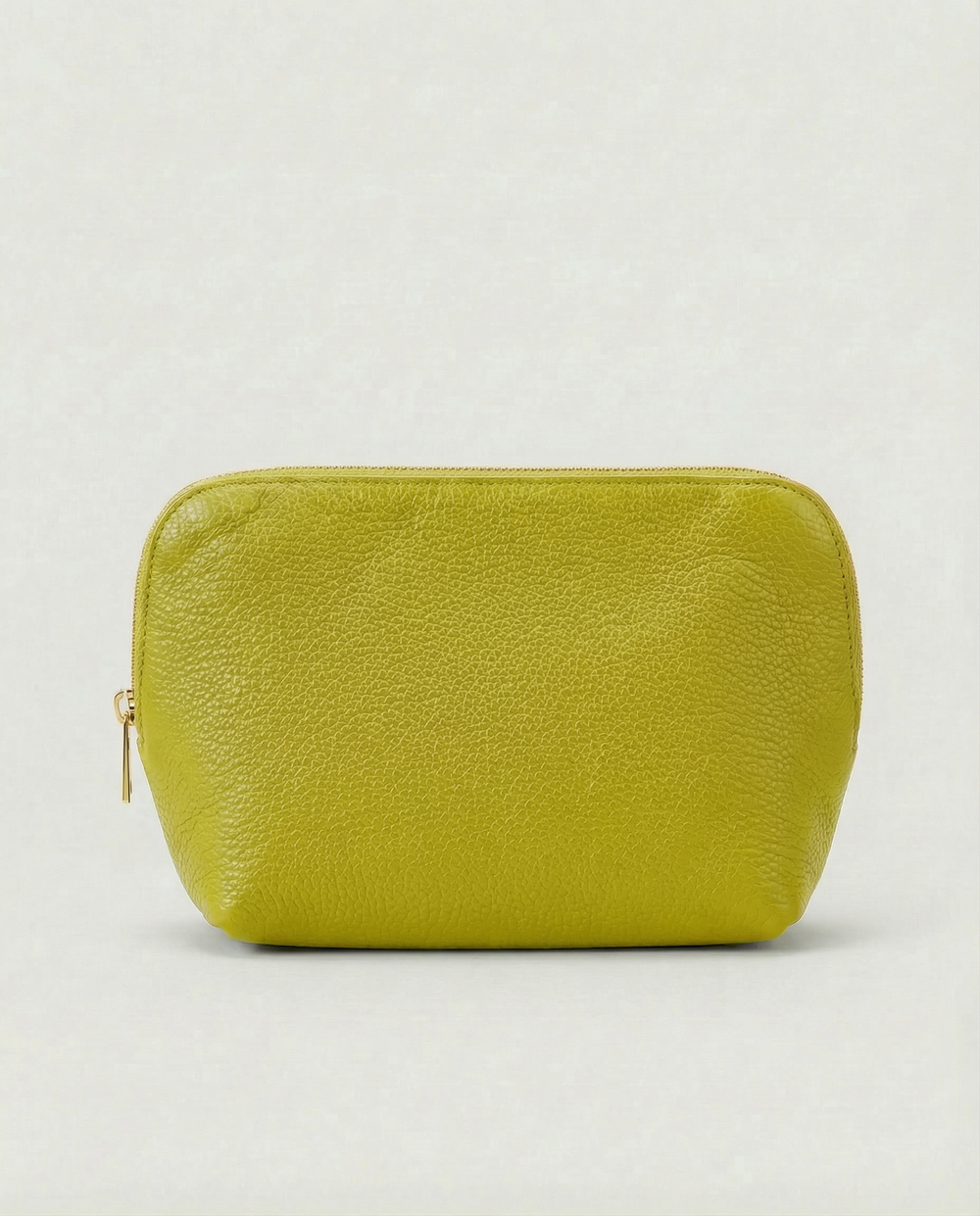 Pebble leather cosmetic bag with zip closure, available in Chartreuse, structured silhouette for everyday essentials.