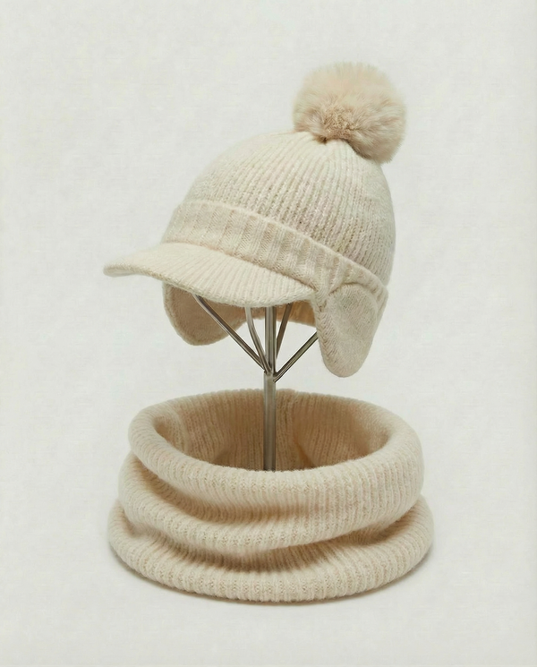 Beige knit hat with pom-pom and matching neckwarmer on a mannequin against a white background