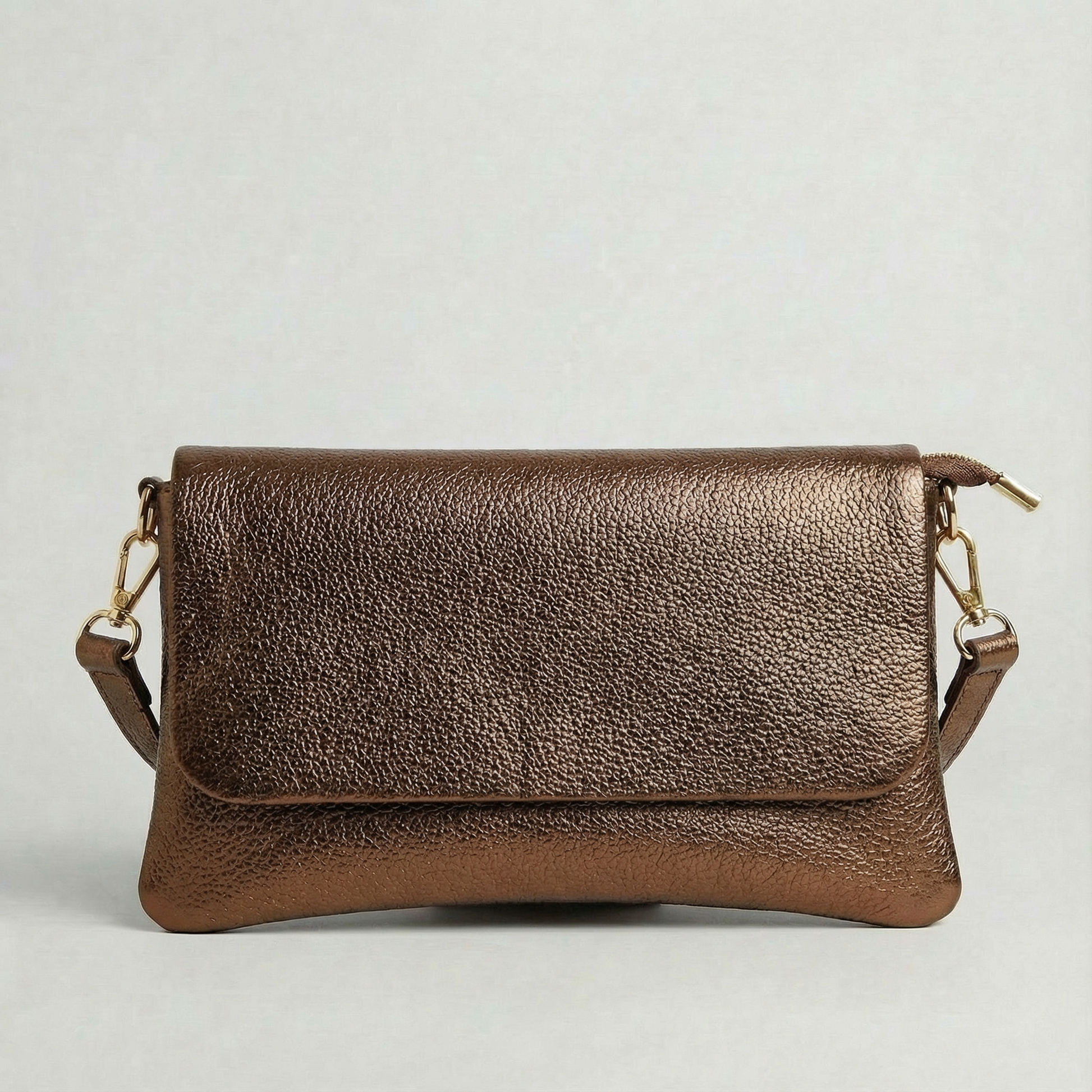 Chocolate metallic leather crossbody bag with a matching color leather strap, displayed on a light gray background.