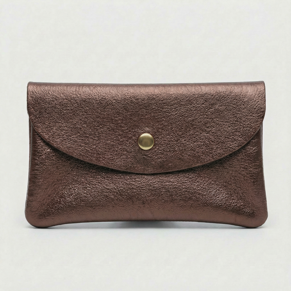 Chocolate metallic leather wallet available in mini coin wallet, coin wallet, and cellphone wallet sizes.