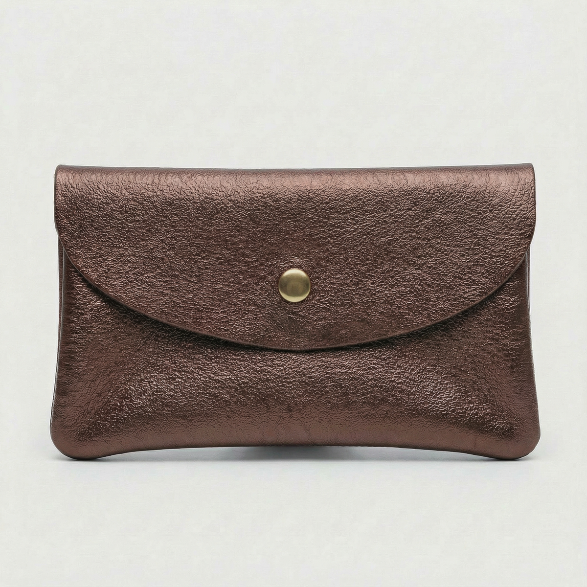 Chocolate metallic leather wallet available in mini coin wallet, coin wallet, and cellphone wallet sizes.