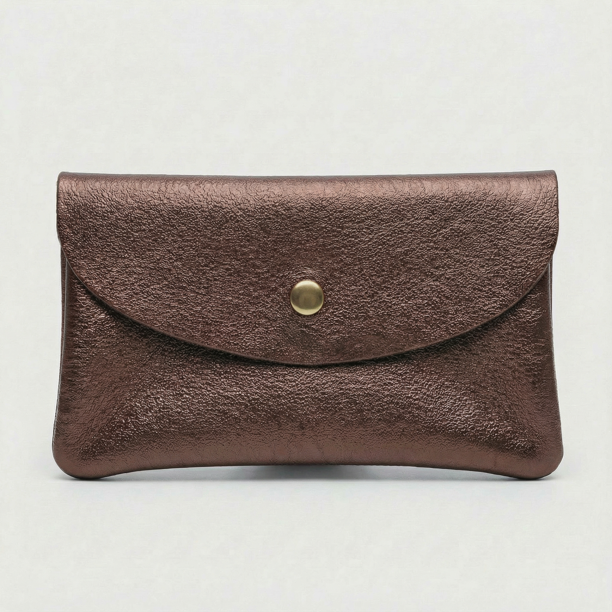 Chocolate metallic leather wallet available in mini coin wallet, coin wallet, and cellphone wallet sizes.