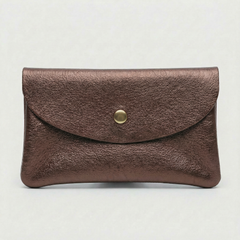 Chocolate metallic leather wallet available in mini coin wallet, coin wallet, and cellphone wallet sizes., view 1